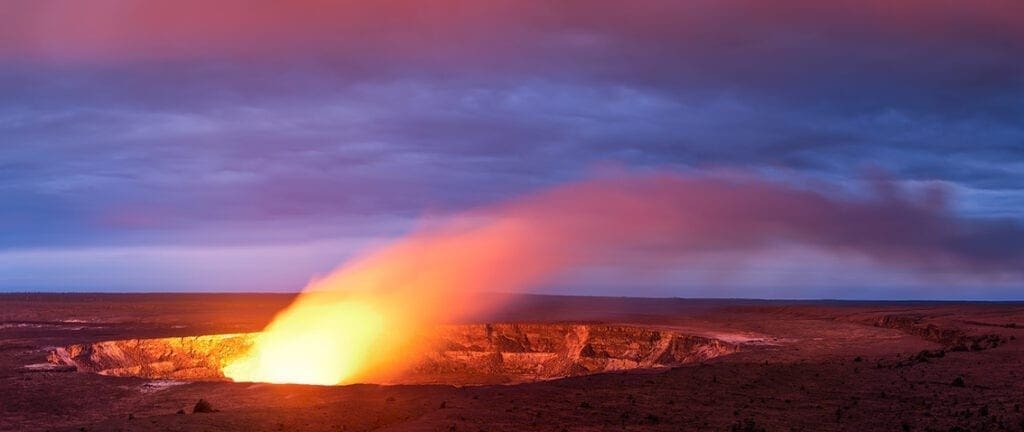 Kilauea volcano crater as it eats at sunset in Hawaii volcano national park, Big Island, Hawaii, USA