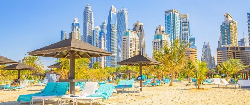 JBR Beach and Dubai city skyline, UAE