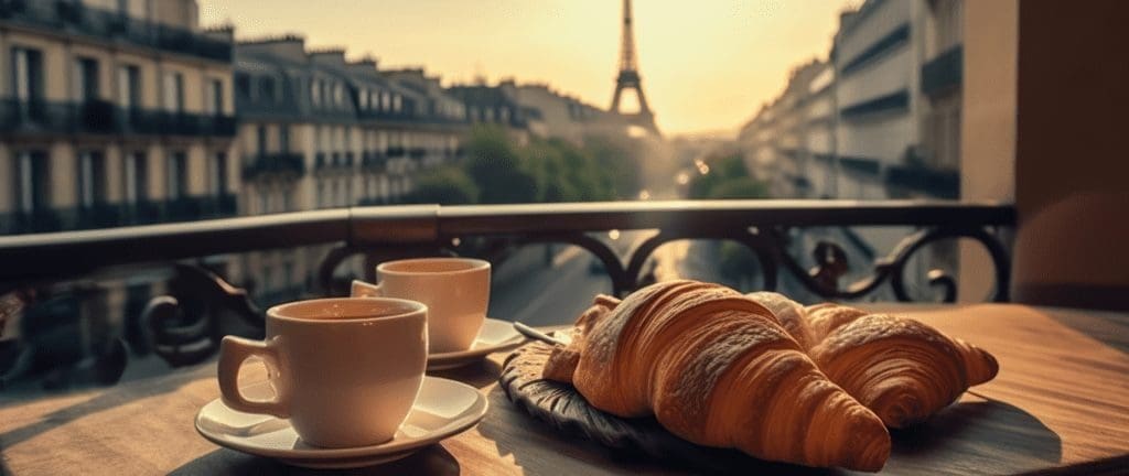 Croissant with coffee with the Eiffel tower in the background