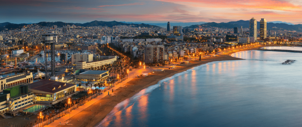 bird view of Barcelona beach on morning sunrise