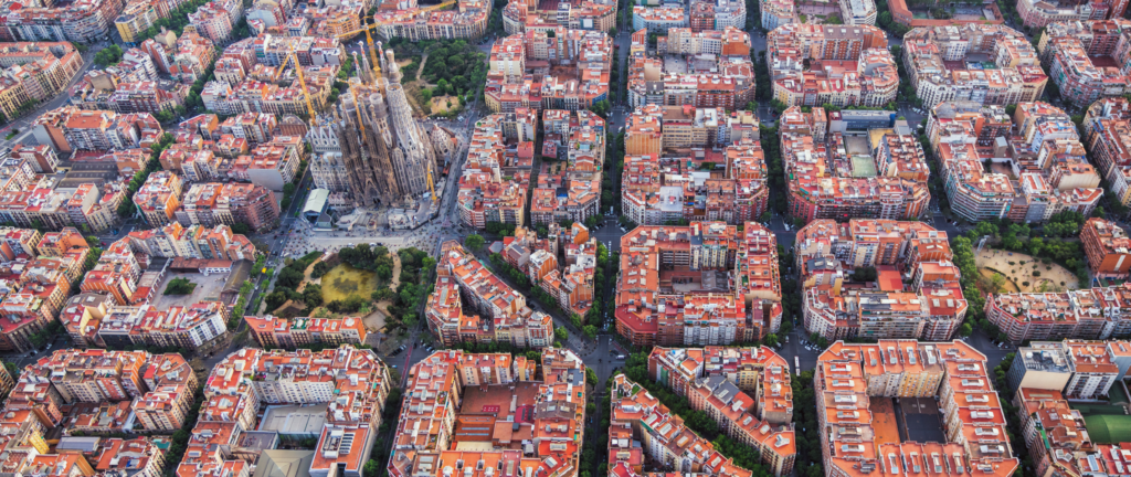 Eixample residential district from above with Sagrada Familia in the view