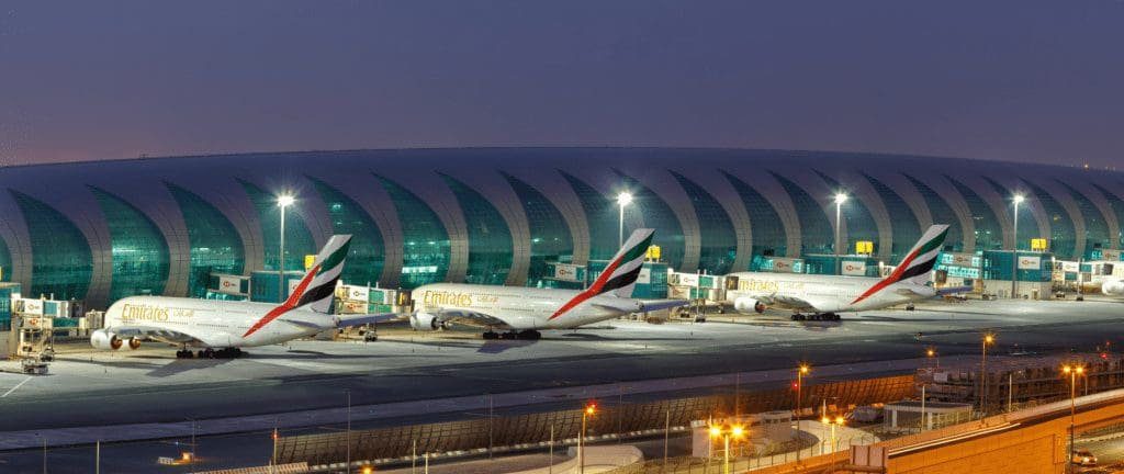 Emirates Airbus A380 airplanes at Dubai Airport in the United Arab Emirates