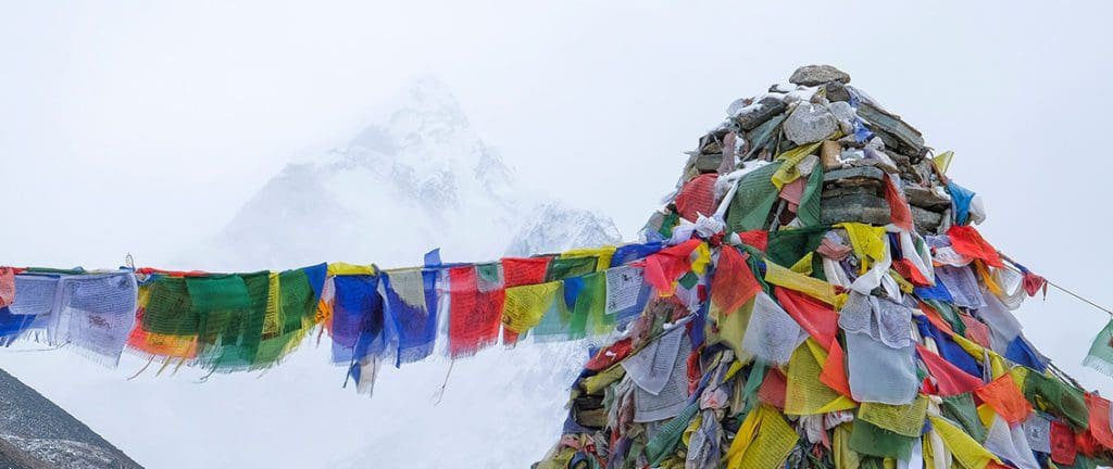 Prayer flags in Everest Memorial to Climbers in Nepal