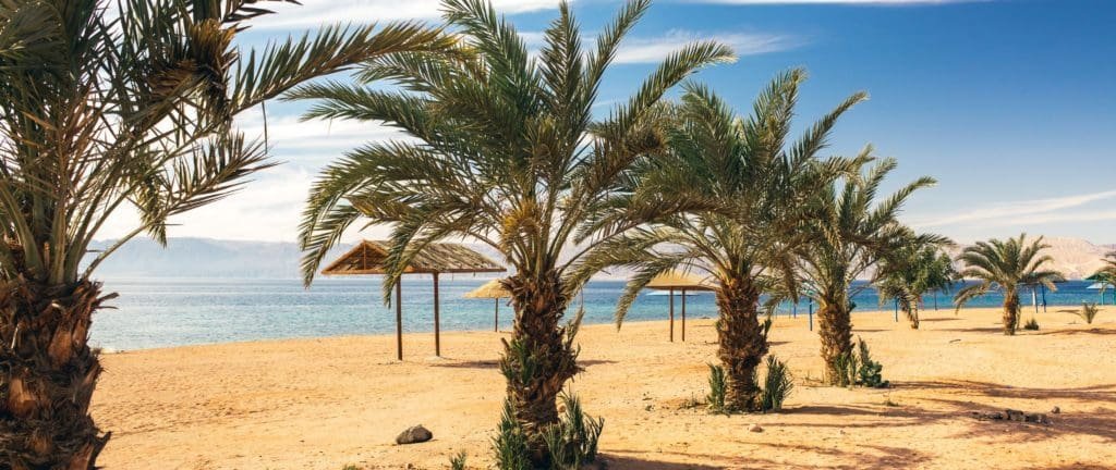Idyllic sandy palm beaches and beautiful scenic landscape in Aqaba, Jordan.