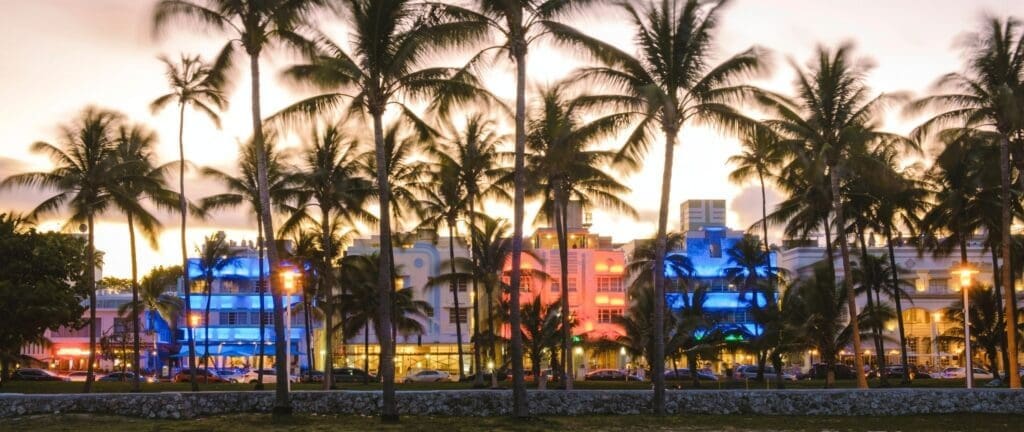 Colorful Art Deco District at night in Miami Beach.