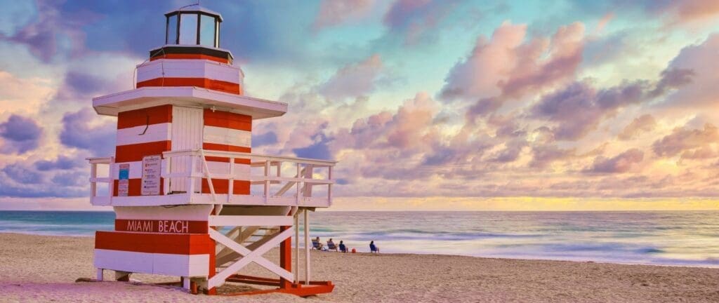 Colorful lifeguard hut on the beach in Miami.