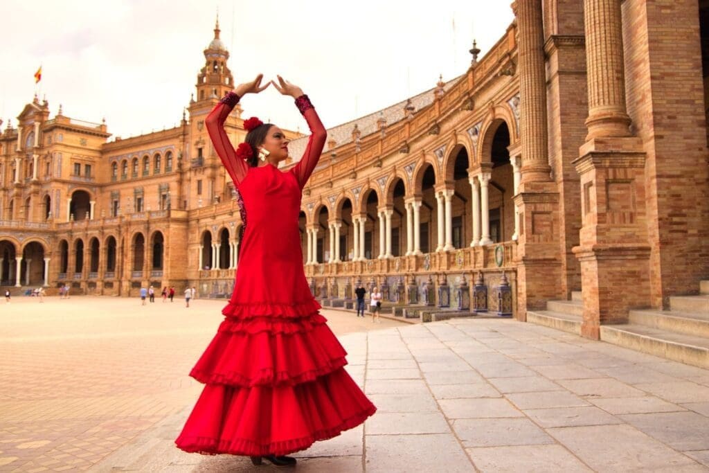 Woman dancing flamenco in a square in Seville, Spain