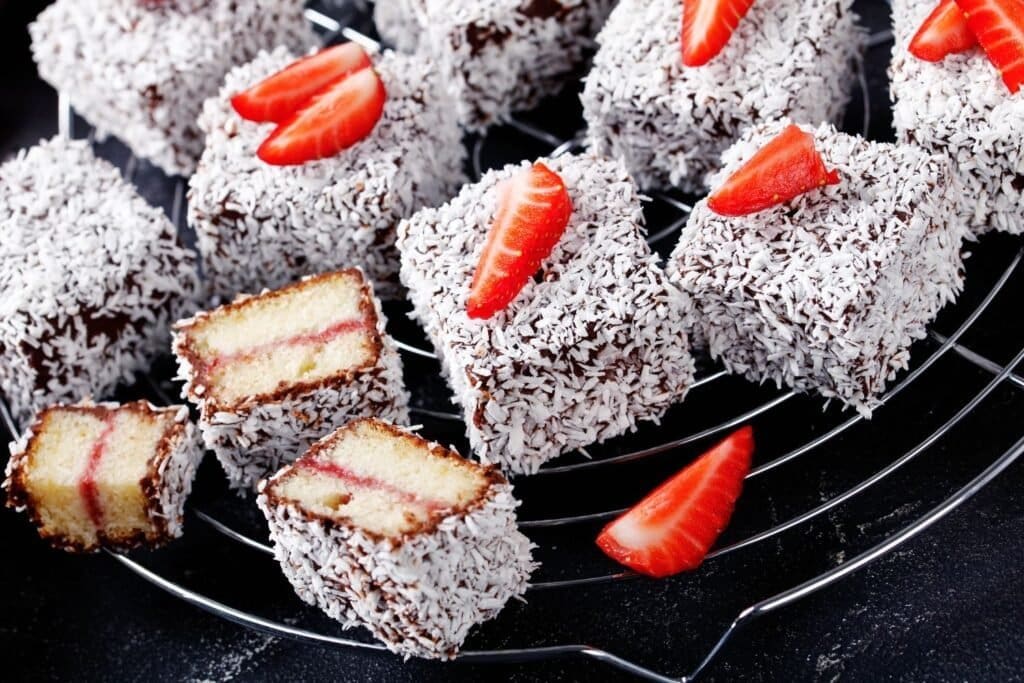 Lamingtons with strawberry jam